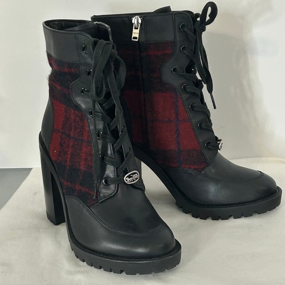 Coach Hedy Plaid Lace-Up Heeled Combat Boots Red Black Women’s 8.5B